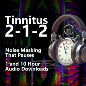 A graphic for "Tinnitus 2-1-2 Noise Masking," showing a stopwatch and a pair of headphones over a colorful, abstract background.