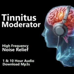 A graphic for "Tinnitus Moderator," showing a glowing, semi-transparent brain wearing headphones.