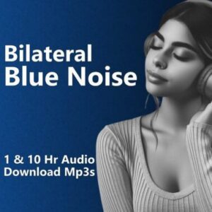A graphic for "Bilateral Blue Noise," showing a woman with headphones listening to music with her eyes closed in a relaxed state.