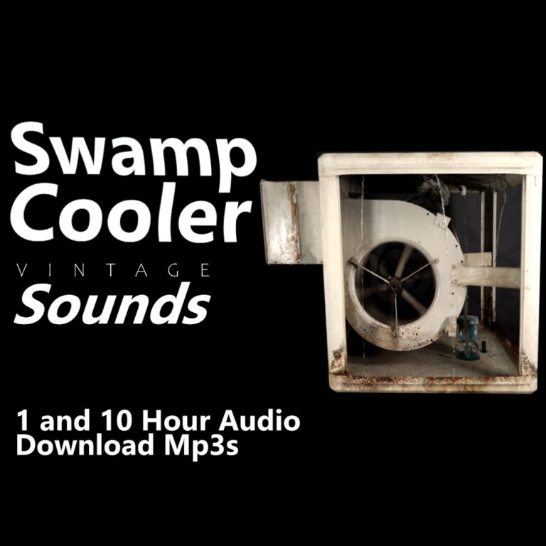 A graphic for "Swamp Cooler Vintage Sounds," showing a close-up of an old swamp cooler.