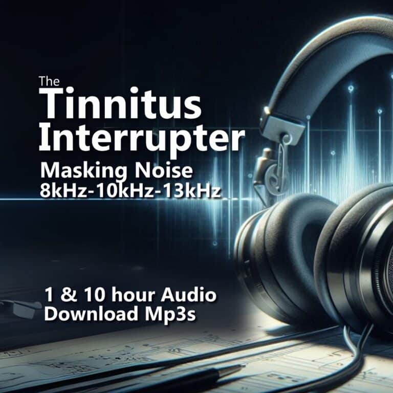 A graphic for "The Tinnitus Interrupter," showing headphones with glowing sound waves and key frequencies.