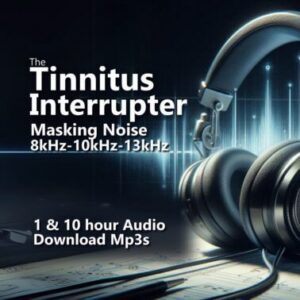 A graphic for "The Tinnitus Interrupter," showing headphones with glowing sound waves and key frequencies.