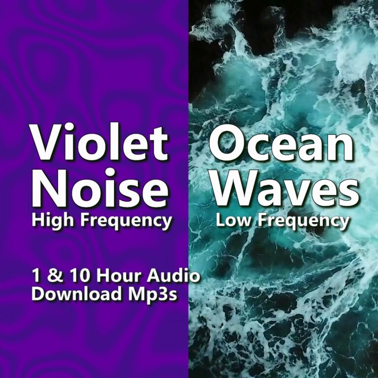 A graphic for "Violet Noise & Ocean Waves," split between purple static and crashing ocean waves.