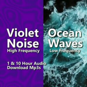 A graphic for "Violet Noise & Ocean Waves," split between purple static and crashing ocean waves.