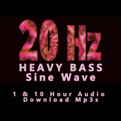 A graphic for "20 Hz Heavy Bass Sine Wave," showing glowing text over a pink and purple abstract background.