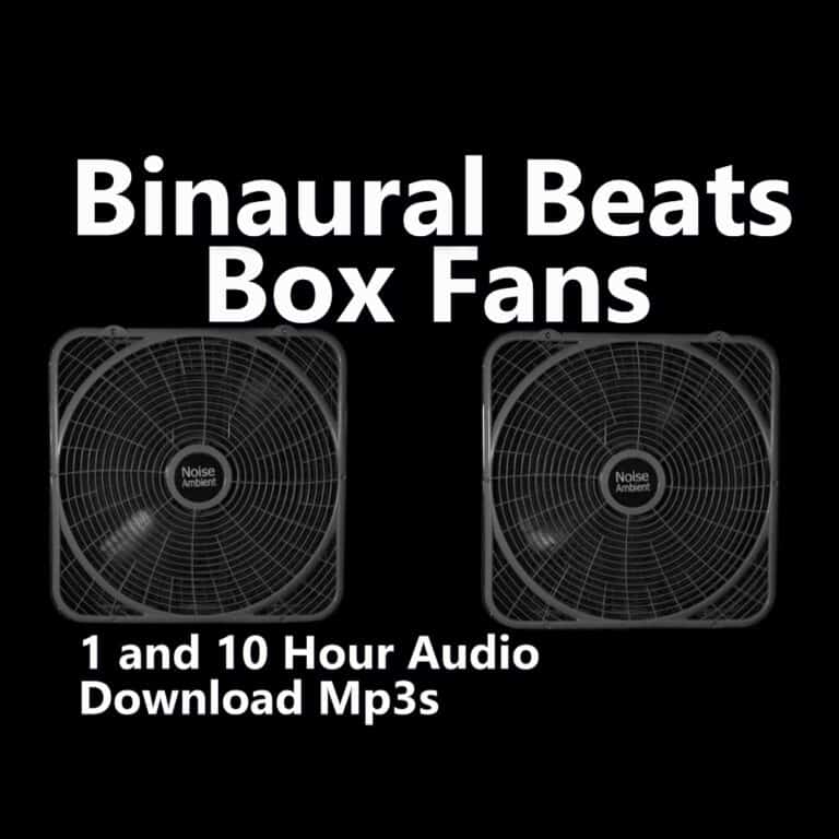 A graphic for "Binaural Beats Box Fans," showing two box fans on a black background.