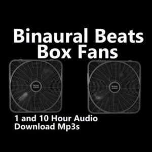 A graphic for "Binaural Beats Box Fans," showing two box fans on a black background.