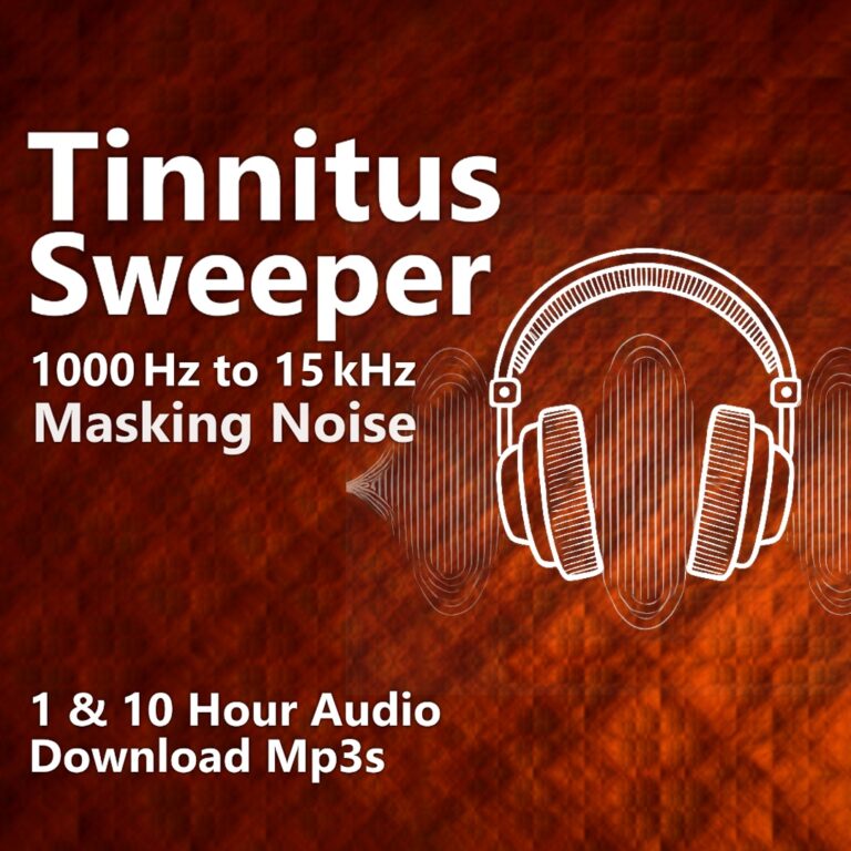 A graphic for "Tinnitus Sweeper," showing a pair of headphones over a pulsing sound wave diagram.