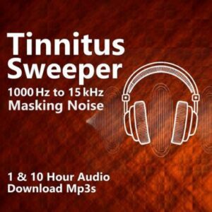 A graphic for "Tinnitus Sweeper," showing a pair of headphones over a pulsing sound wave diagram.