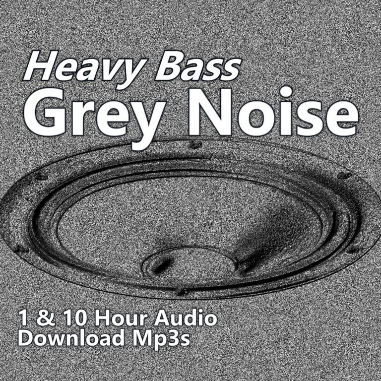 A graphic for "Heavy Bass Grey Noise," showing a speaker woofer against a speckled gray background.