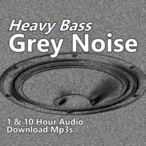 A graphic for "Heavy Bass Grey Noise," showing a speaker woofer against a speckled gray background.