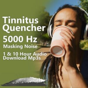A graphic for Tinnitus Quencher 5000 Hz Masking Noise, showing a person with dreadlocks wearing headphones and drinking from a cup.