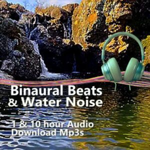 A graphic for "Binaural Beats and Water Noise," showing a waterfall with headphones superimposed over the scene.