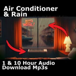 A graphic for "Hotel Air Conditioner & Rain," depicting a hotel room at night with rain on the window.