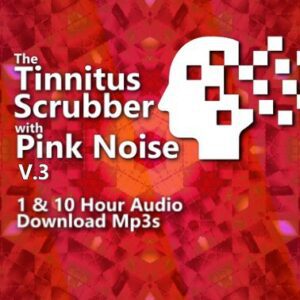 A graphic for The Tinnitus Scrubber with Pink Noise, showing a profile of a head with a brain made of scattered light particles.
