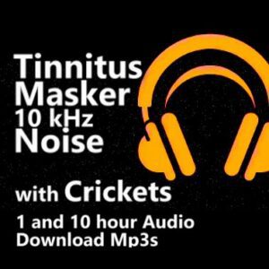 A graphic for "Tinnitus Masker 10 kHz Noise with Crickets," featuring headphones on a starry background.