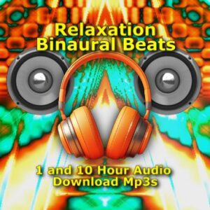 A graphic for "Relaxation Delta Binaural Beats," featuring headphones over a colorful abstract background with sound waves and speakers.