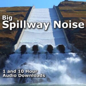 A graphic for Big Spillway Noise audio downloads, showing a large concrete spillway with a dam.