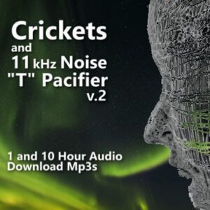 A graphic for "Crickets and the Tinnitus Pacifier," showing a profile of a human head with a neurological network on a green and black background.