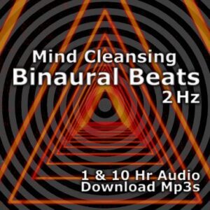A graphic for "Mind Cleansing Binaural Beats," featuring an abstract pattern of orange and black triangles.