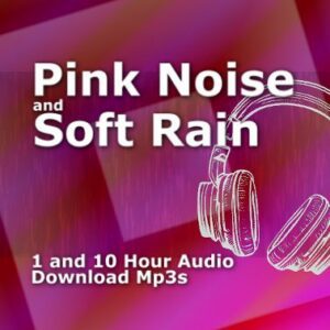 A graphic for "Pink Noise and Soft Rain," featuring a geometric pink background and a line drawing of headphones.