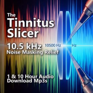 A graphic for Tinnitus Slicer audio downloads, with text for 10500 Hz noise masking and tinnitus relief.