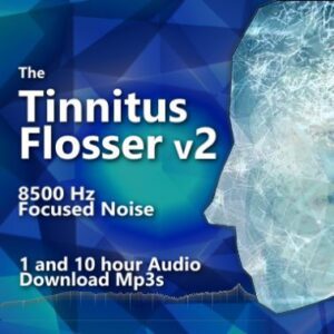 A graphic for Tinnitus Flosser V2 audio downloads, with a side profile of a head emitting sound at 8500 Hz.