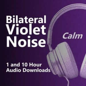 A graphic for Bilateral Violet Noise audio downloads with headphones and text for calm.