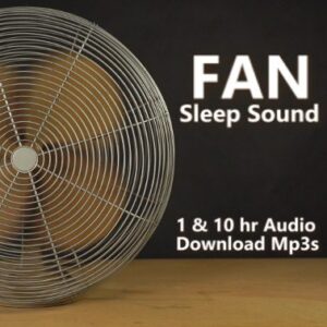 A graphic for Fan Sleep Sounds audio downloads, showing a vintage metal fan with text overlays