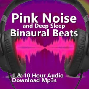 A graphic for Pink Noise and Binaural Beats audio downloads, with a pair of headphones over a pink and purple soundwave.