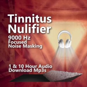 A graphic for Tinnitus Nullifier audio downloads, showing a headphone-wearing head emitting sound at 9000 Hz.