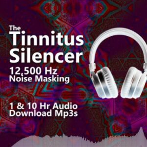 A graphic for Tinnitus Silencer audio downloads, showing a headphone-wearing head emitting sound at 12500 Hz.