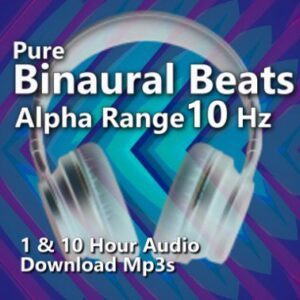 A graphic for Binaural Beats audio downloads, featuring headphones over an abstract blue and purple background.