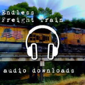 A graphic for the Endless Freight Train audio downloads, showing a freight train with headphones superimposed.