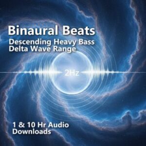Binaural Beats Descending Heavy Bass" showing a glowing blue orb with a sound wave pulse on a galaxy-like background.