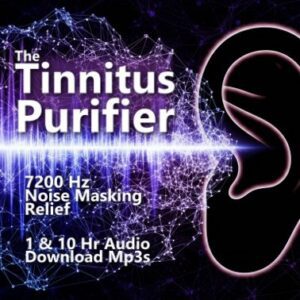 A graphic for "Tinnitus Purifier 7200 Hz," featuring a sound wave graphic pulsing toward the outline of a human ear.