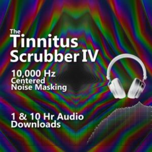 A graphic for "The Tinnitus Scrubber with Pink Noise," featuring a fragmented head silhouette on a red background.