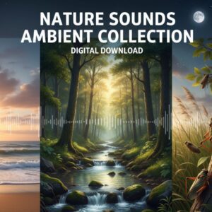 Nature Sounds Ambient Collection Digital Download MP3 Bundle. Graphic showing a forest, ocean waves, and cicadas for sleep, relaxation, and nature sound therapy.