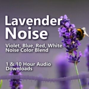 Lavender Noise Color Audio Downloads. Image of lavender flowers and a bee, highlighting the Violet, Blue, Red, White Noise Color Blend for a relaxing sound experience.