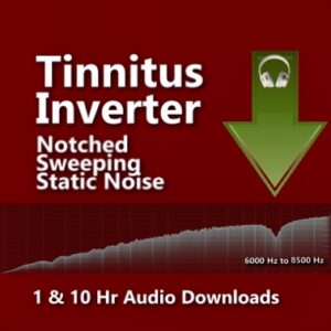 Tinnitus Inverter Notched Sweeping Noise. Equalizer graph showing a frequency dip between 6000 Hz and 8500 Hz for tinnitus masking.