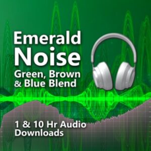 Emerald Noise Audio Downloads. Graphic representing the custom Green, Brown, and Blue noise color blend for relaxation and sleep.