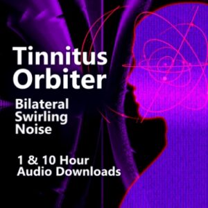 Digital cover art for Tinnitus Orbiter audio download featuring a purple silhouette of a head with orbital sound waves and text reading Bilateral Swirling Noise.