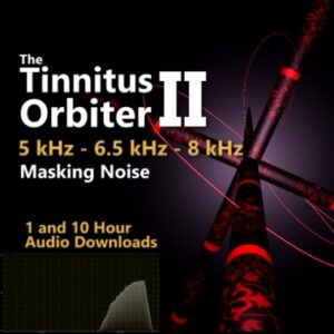 Tinnitus Orbiter II tinnitus masking noise thumbnail showing 5 kHz, 6.5 kHz, and 8 kHz panning frequencies, 1 and 10 hour audio downloads